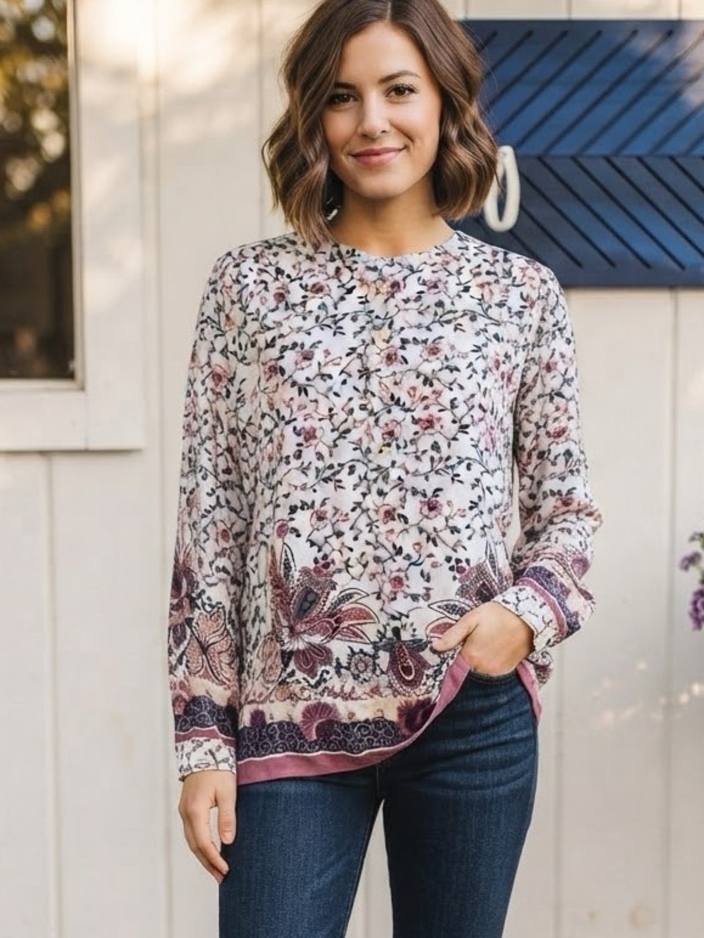 LOFT White Floral Button-Front Tunic with Mauve and Plum Border